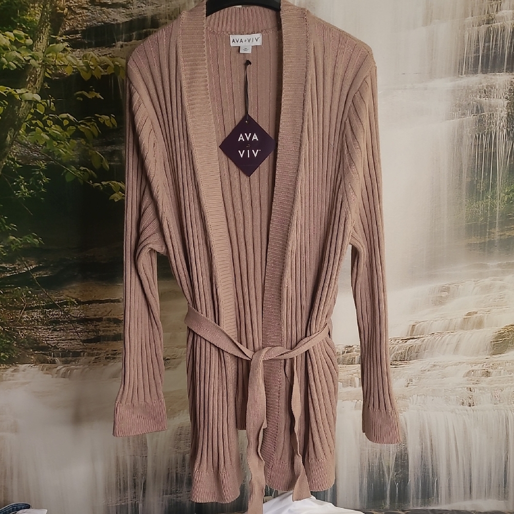 New! Ava & Viv Womens 2X ribbed long sleeve taupe cardigan sweater with tie belt